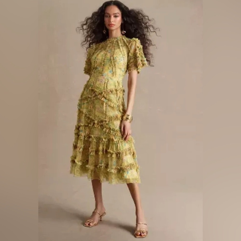 Mac Duggal High Neck Lace Yellow Floral Dress